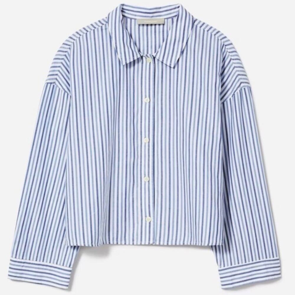 NWT Everlane Women PJ Top Shirt Medium Striped Woven Cotton Boxy White Blue S